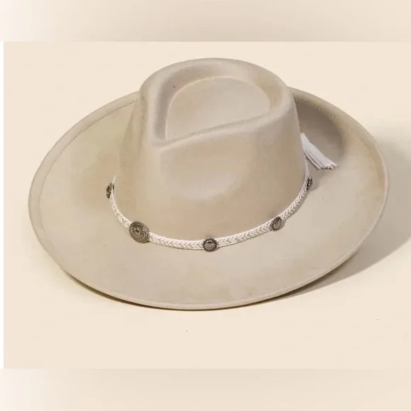 NWT Boho Festival Wide Brim Fedora Vegan Suede Concho Braided Tassel Belted Hat - Picture 2 of 3